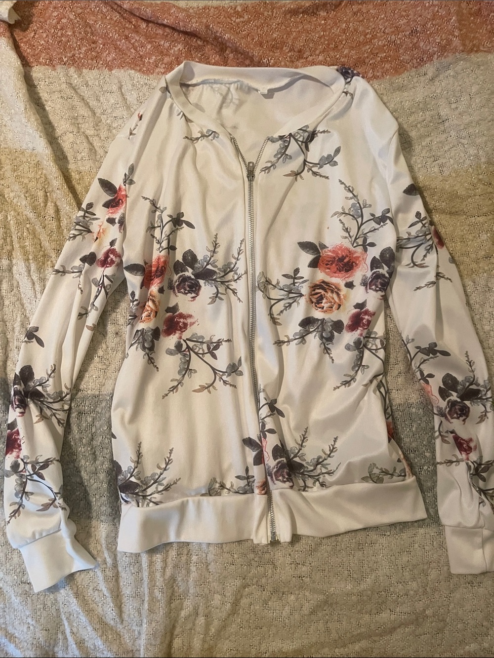 Womens Floral Zip Front Jacket - White with Multi-Color Roses